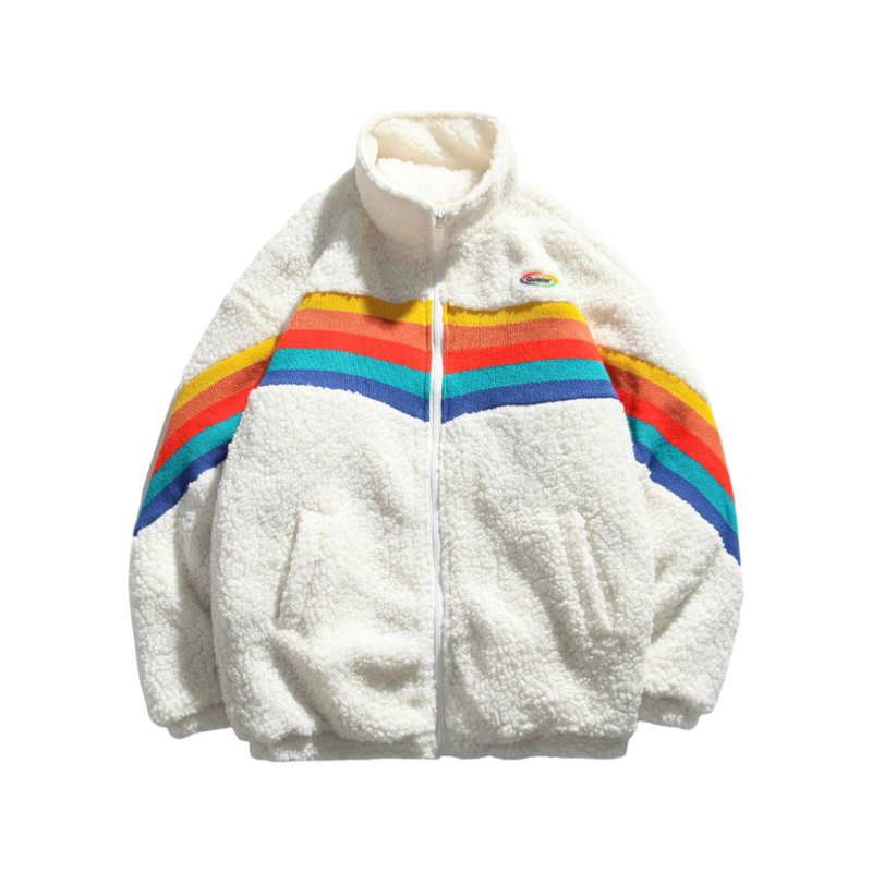 Fleece Parka Rainbow Jacket Patchwork Zipper