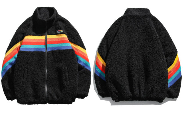 Fleece Parka Rainbow Jacket Patchwork Zipper