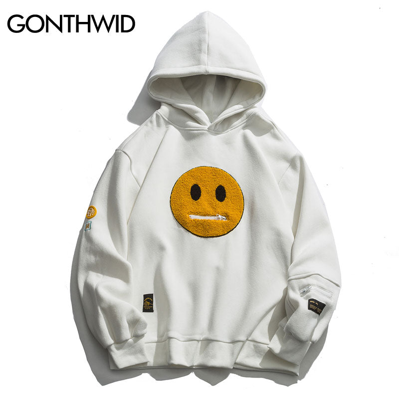 GONTHWID Zipper Pocket Smile Face Patchwork Hoodie