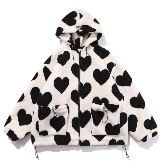 Cute Heart-shaped Print Lambswool Winter Jacket